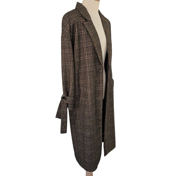 Reset by Jane Mallory Plaid Coat Women S Belt Tie Sleeves Woven Poly Blend Brown - Picture 2 of 10